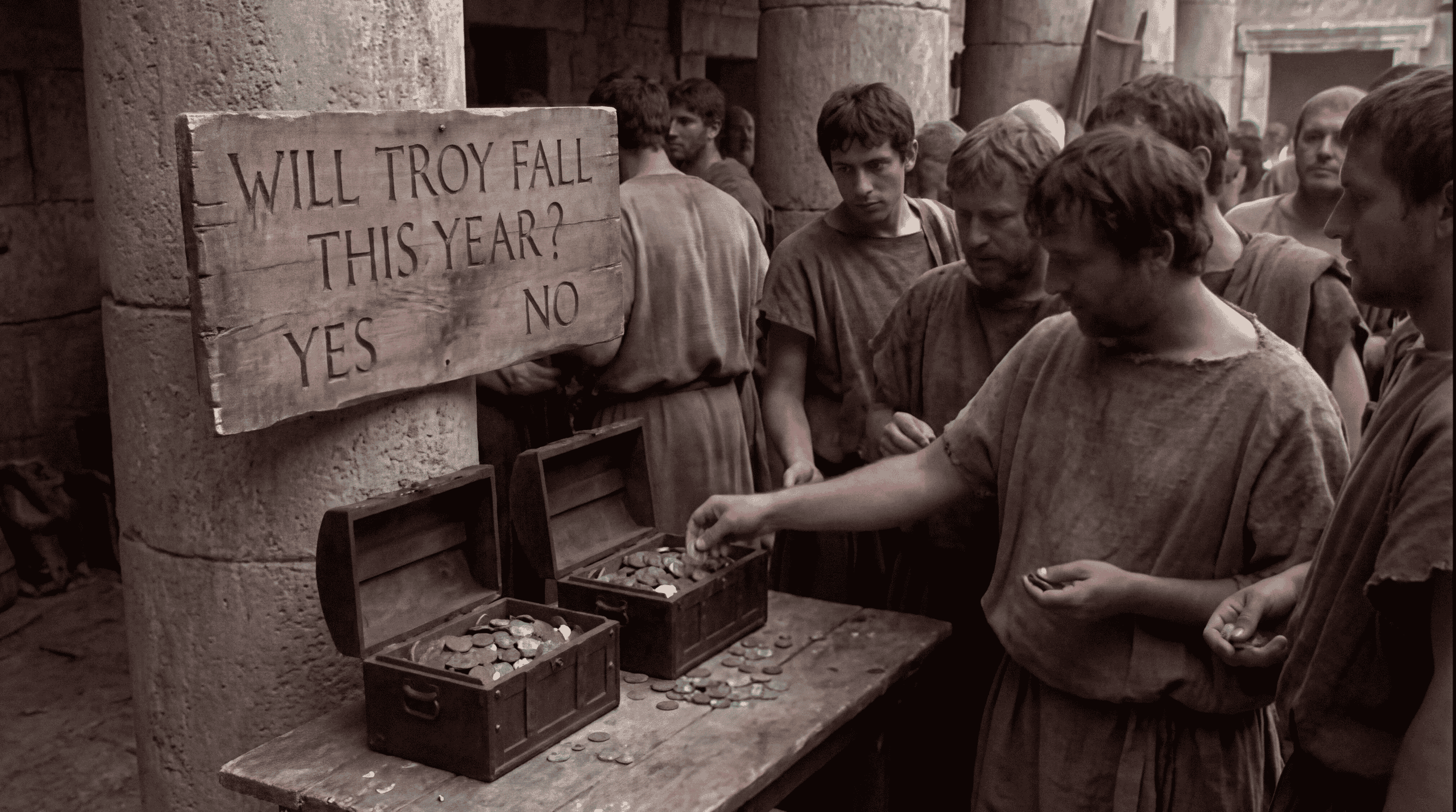 Ancient Greeks wager on if Troy will fall this year. 